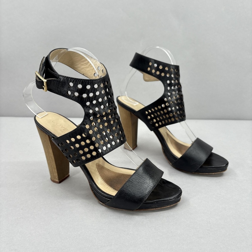 Coye Nokes Sandals Womens Size 38.5 Black Leather Cutout High Heel Shoes